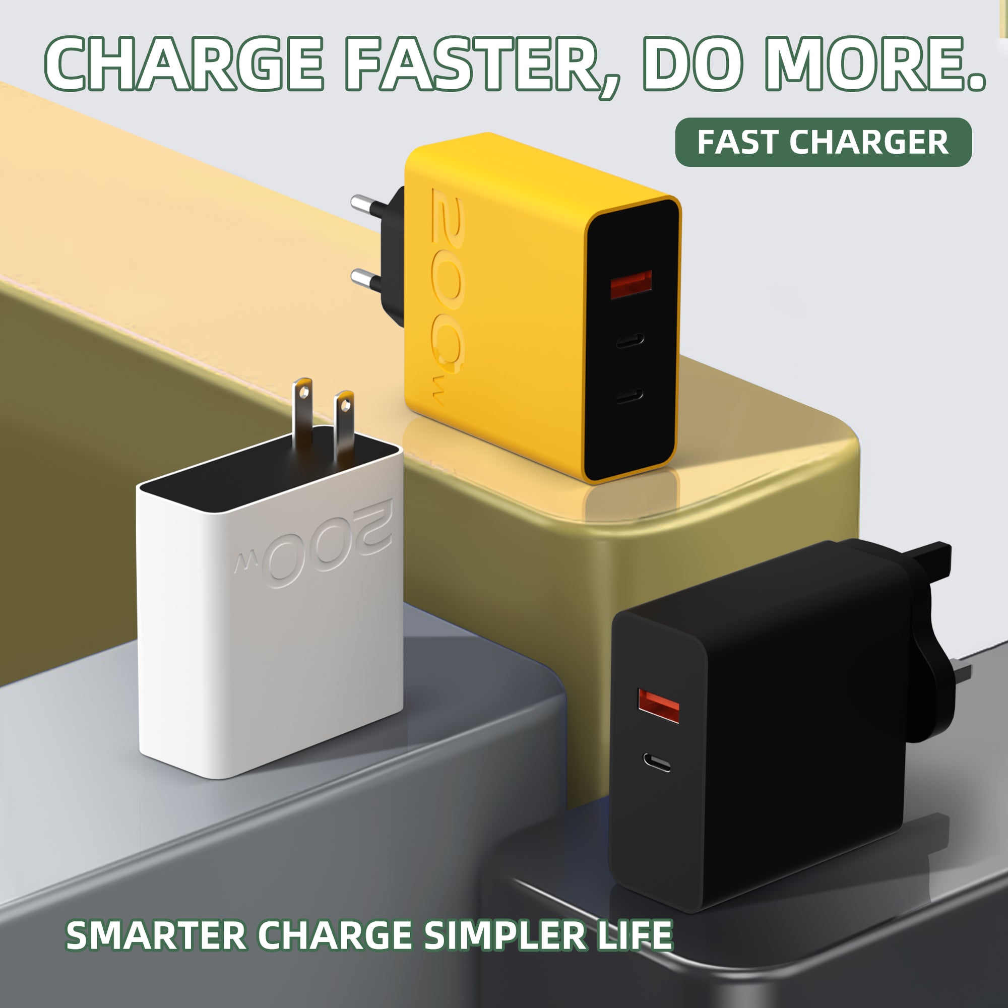 200W —— A+C Multi-port Charger, available with EU, US, and UK plug options. It supports super fast charging, is a full-voltage charger, and features selectable multiple port combinations as well as a unique appearance.