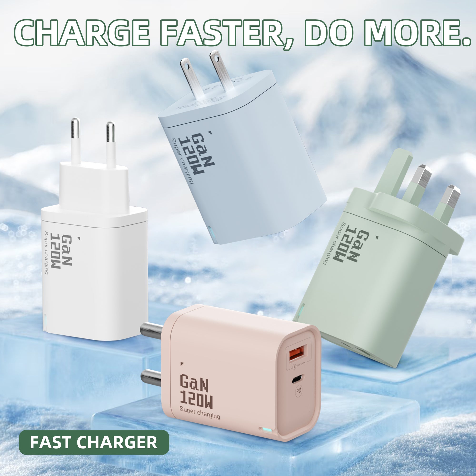 Fructose — A+C Dual-port Charger, available with EU, US, and UK plug options, as well as three size choices: Large Fructose, Medium Fructose, and Small Fructose. It supports super fast charging and is a full-voltage charger.