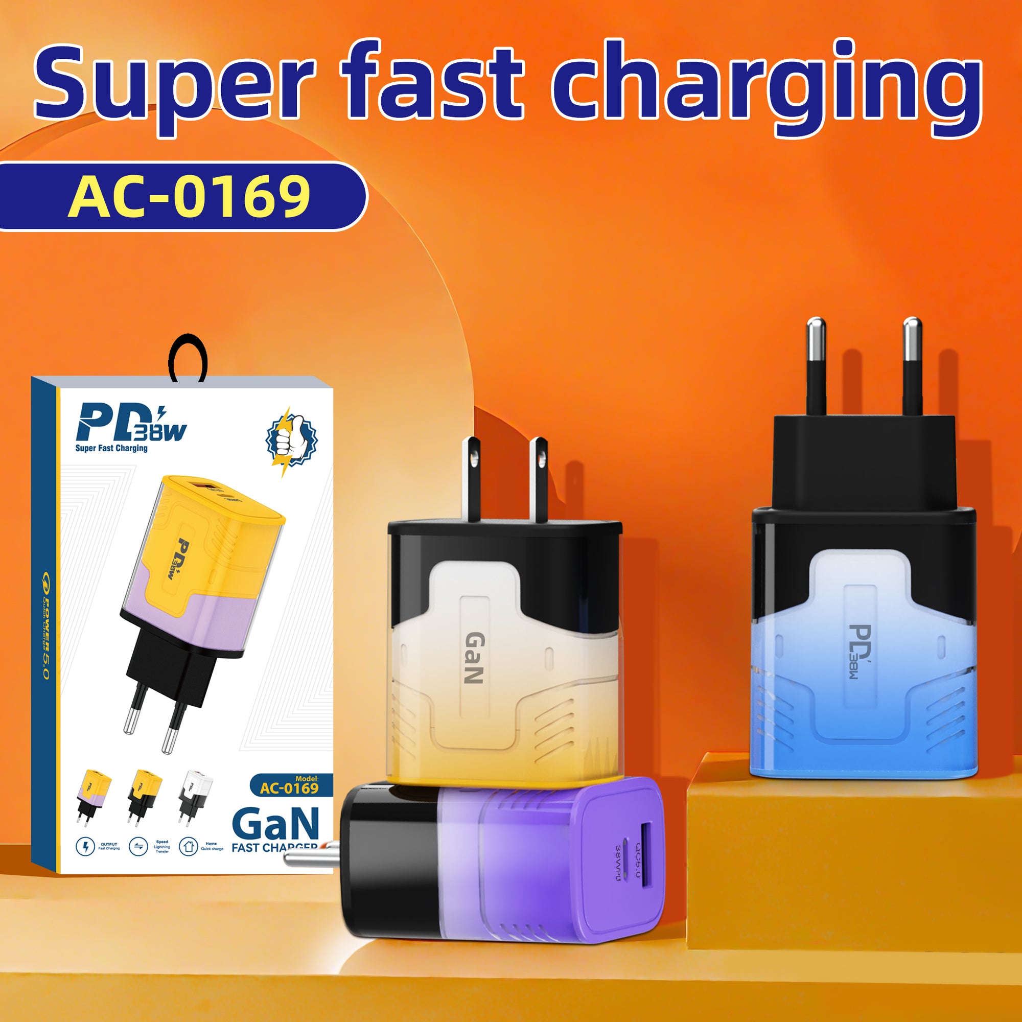 0169 Two-Tone Transparent — A+C Dual-port Charger, available with EU, US, and UK plug options. It supports super fast charging, is a full-voltage charger, and features two different charging ports as well as a unique appearance.