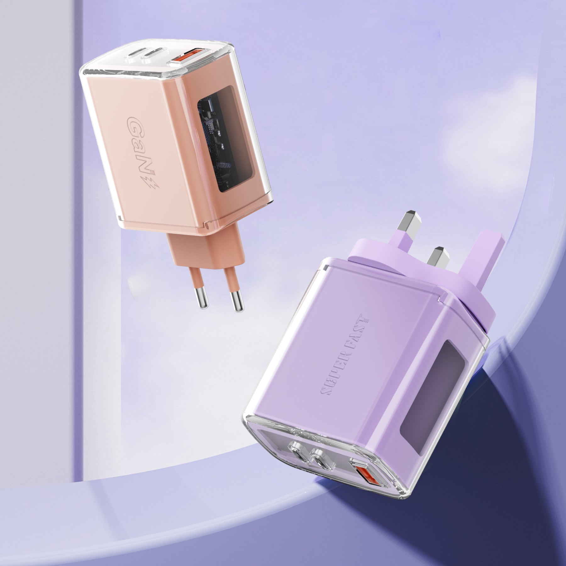 Window View — A+CC Triple-port Charger, available with EU, US, and UK plug options. It supports super fast charging, is a full-voltage charger, and features three different charging ports as well as a unique appearance.