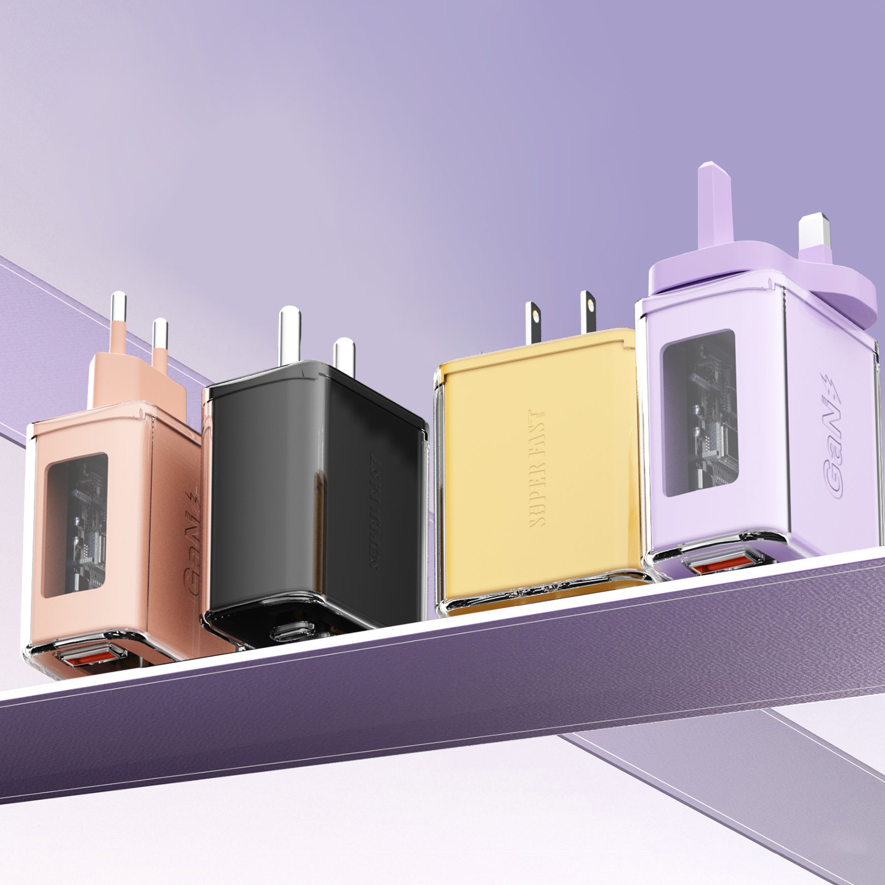 Window View — A+CC Triple-port Charger, available with EU, US, and UK plug options. It supports super fast charging, is a full-voltage charger, and features three different charging ports as well as a unique appearance.