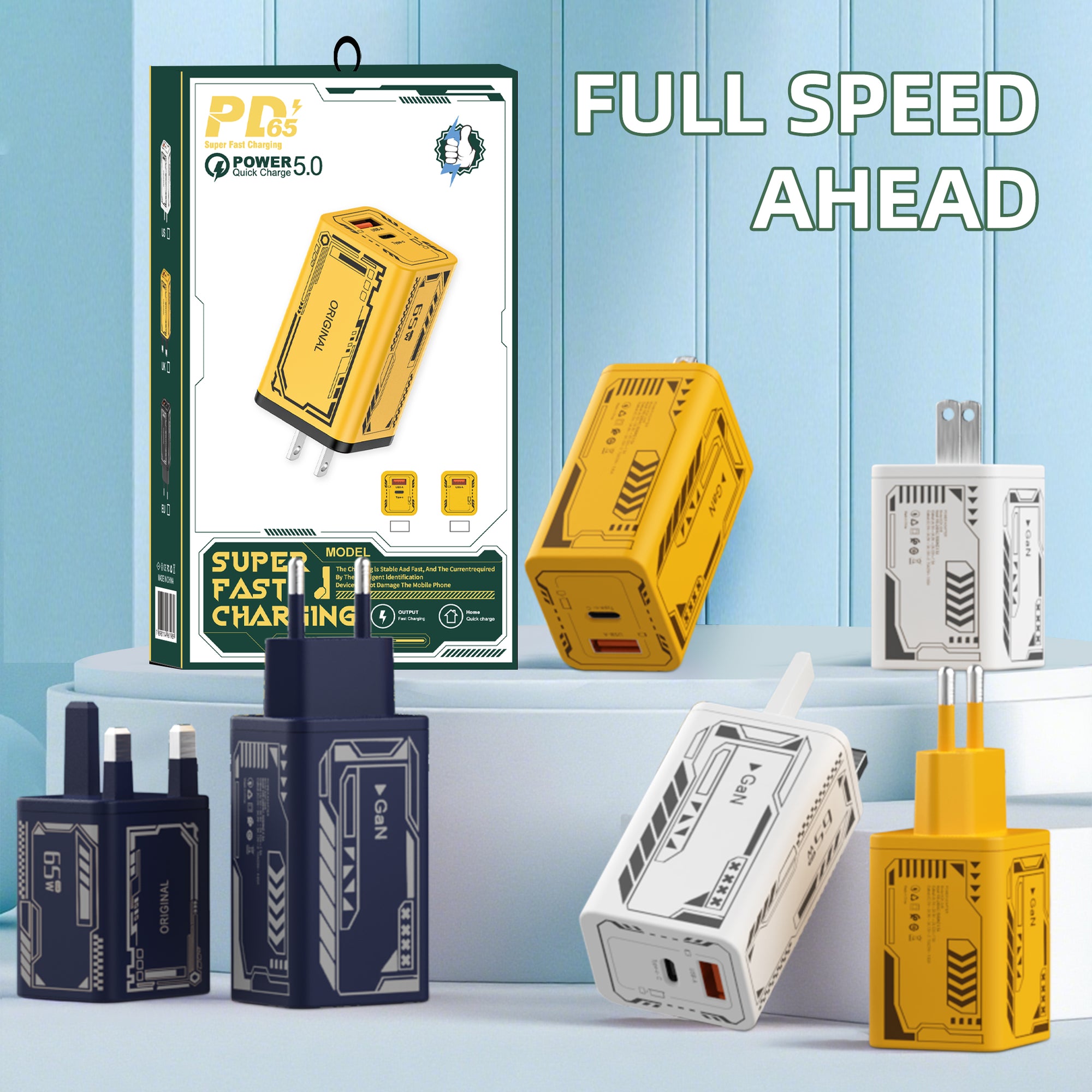 X120 Mecha-style — A+C Dual-port Charger, available with EU, US, and UK plug options. It supports super fast charging, is a full-voltage charger, and features two different charging ports as well as a unique appearance.