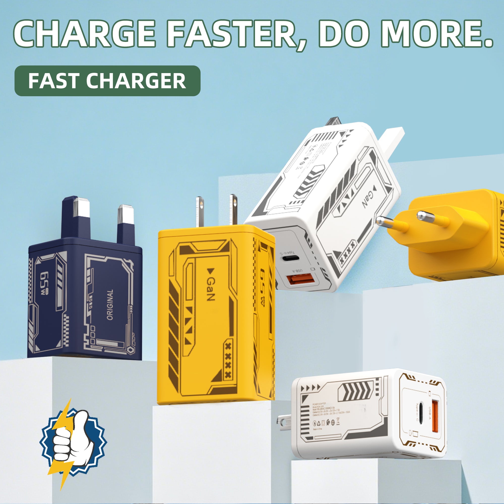 X120 Mecha-style — A+C Dual-port Charger, available with EU, US, and UK plug options. It supports super fast charging, is a full-voltage charger, and features two different charging ports as well as a unique appearance.
