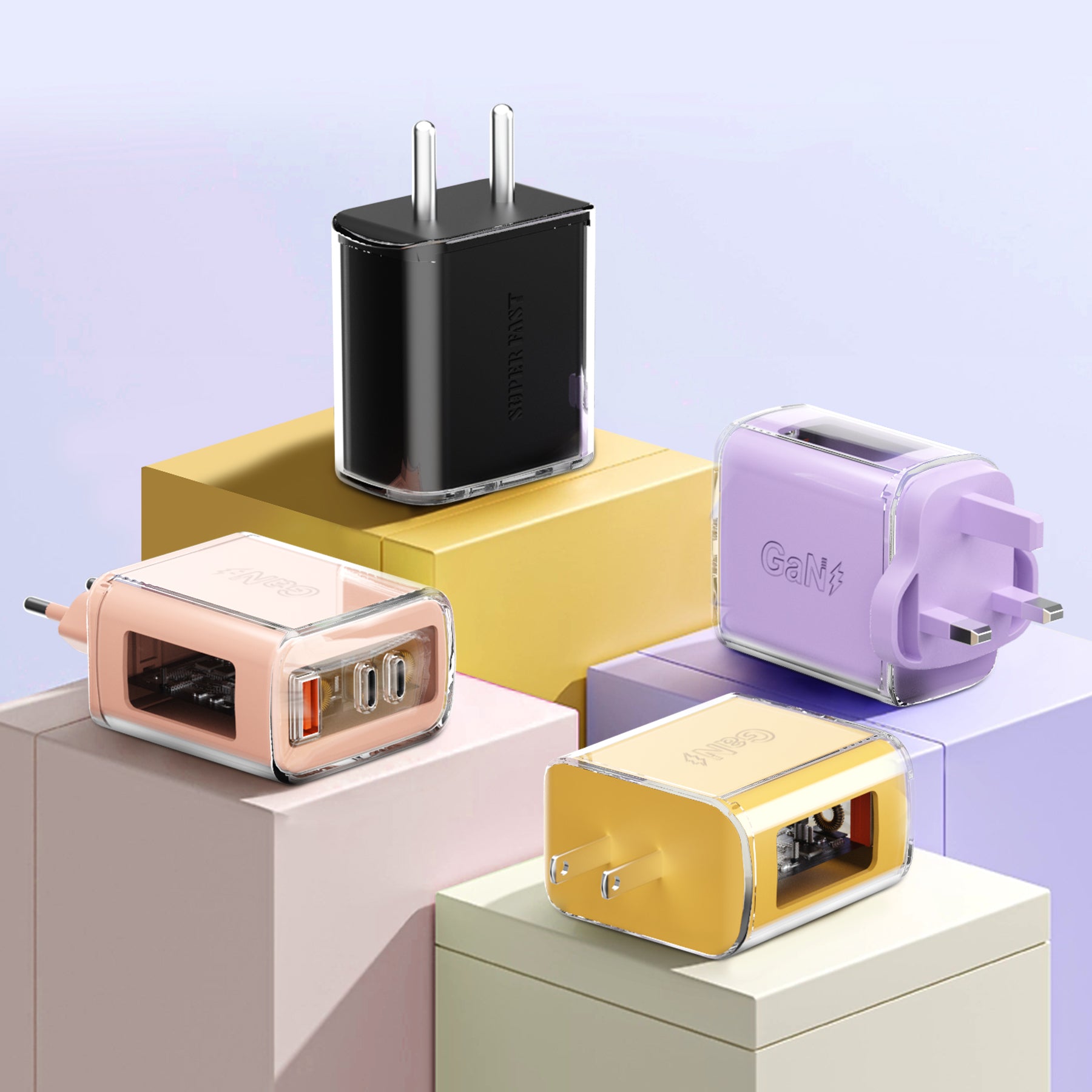 Window View — A+CC Triple-port Charger, available with EU, US, and UK plug options. It supports super fast charging, is a full-voltage charger, and features three different charging ports as well as a unique appearance.