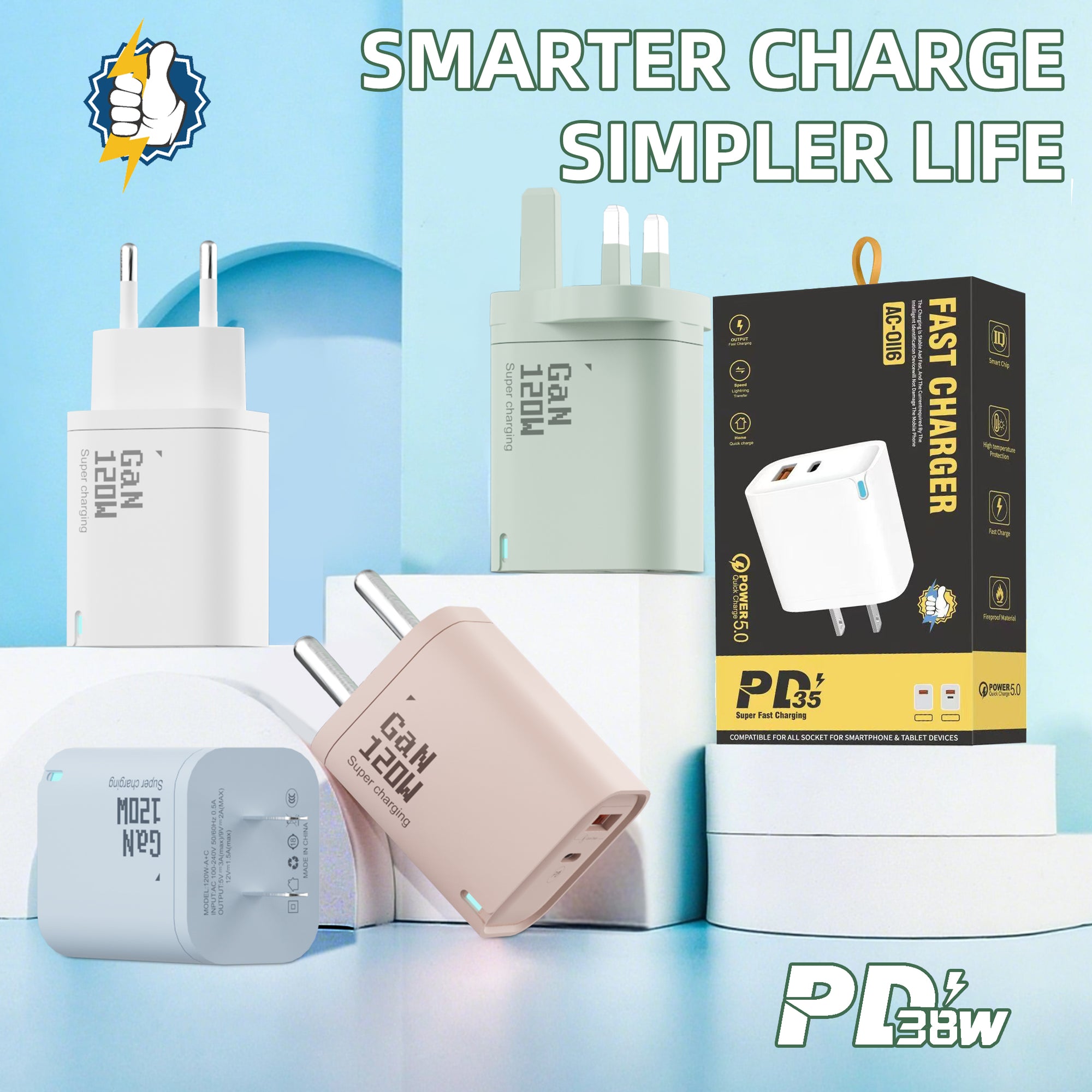 Fructose — A+C Dual-port Charger, available with EU, US, and UK plug options, as well as three size choices: Large Fructose, Medium Fructose, and Small Fructose. It supports super fast charging and is a full-voltage charger.