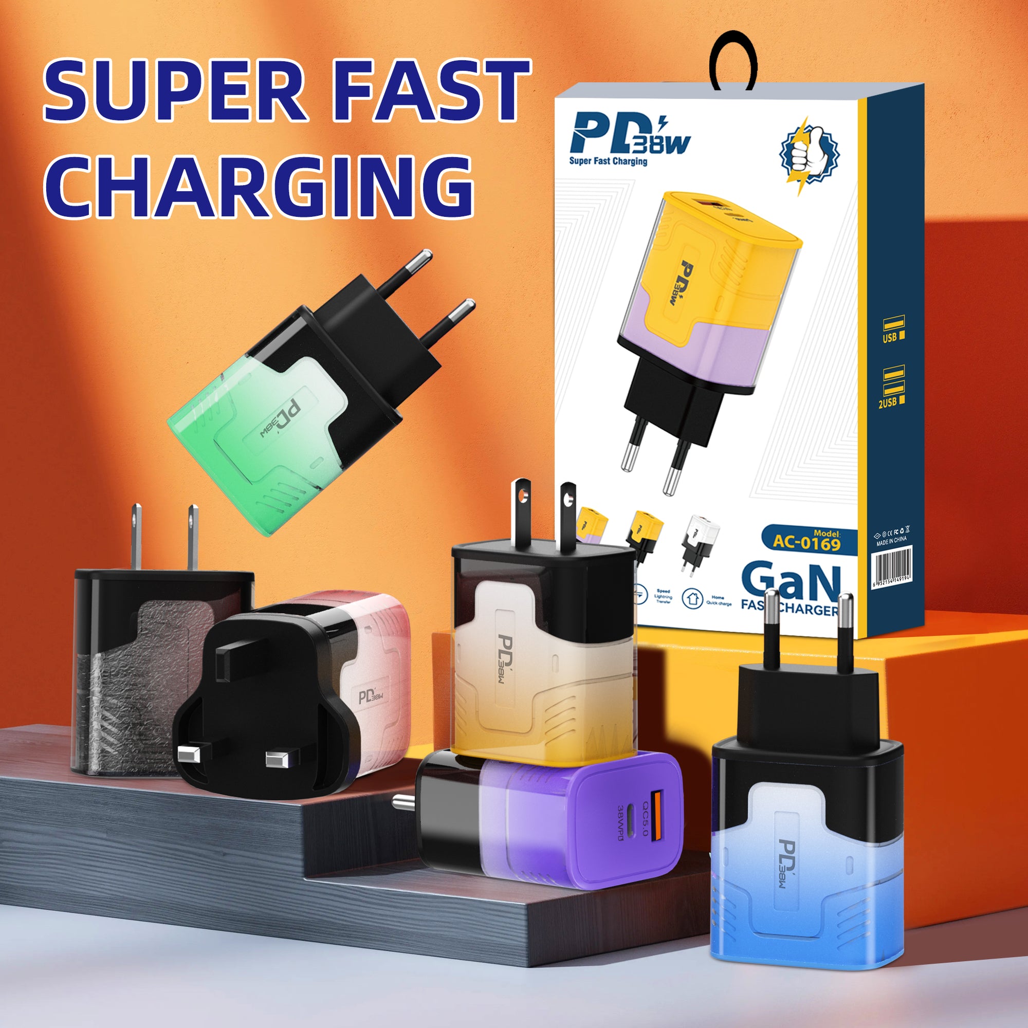0169 Two-Tone Transparent — A+C Dual-port Charger, available with EU, US, and UK plug options. It supports super fast charging, is a full-voltage charger, and features two different charging ports as well as a unique appearance.