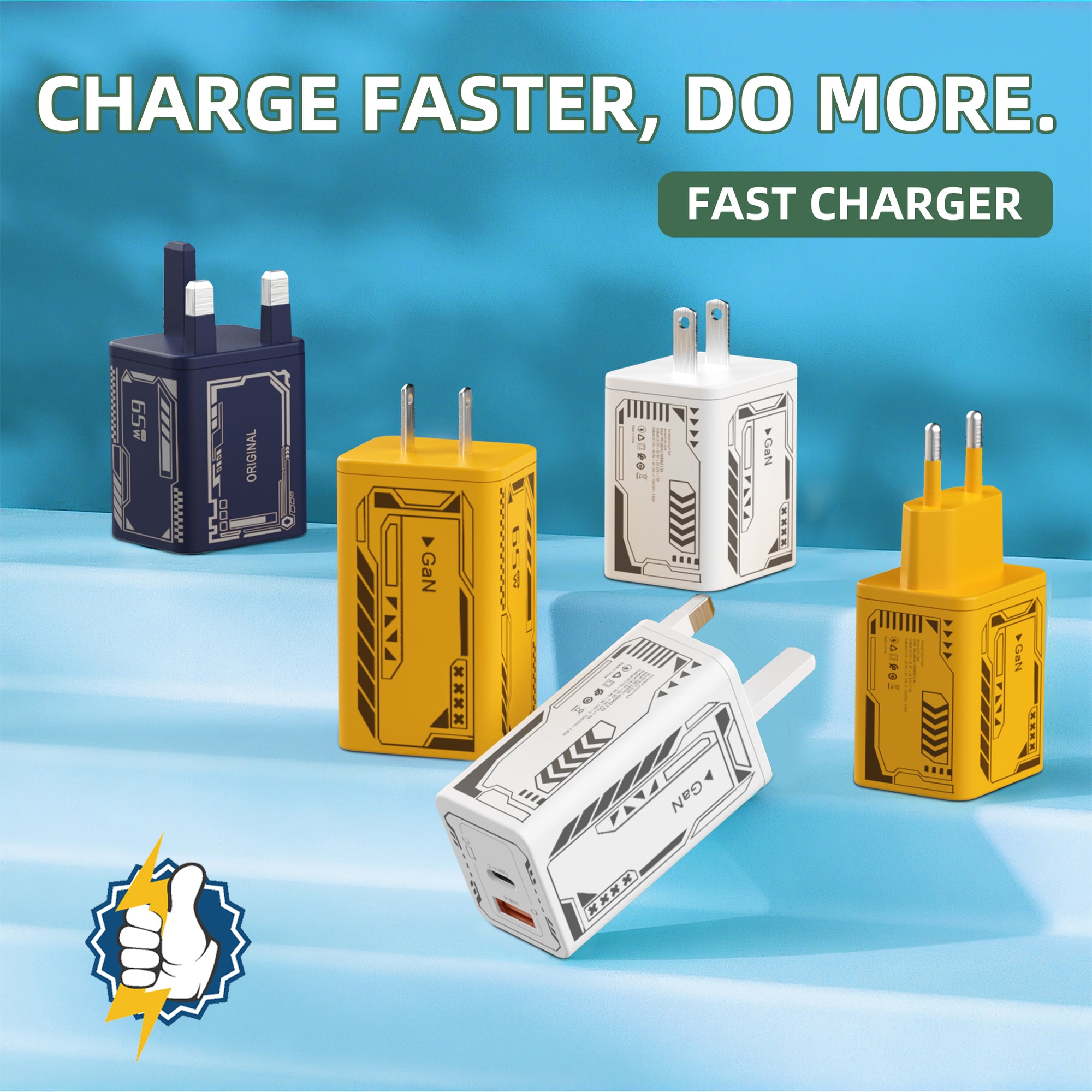 X120 Mecha-style — A+C Dual-port Charger, available with EU, US, and UK plug options. It supports super fast charging, is a full-voltage charger, and features two different charging ports as well as a unique appearance.