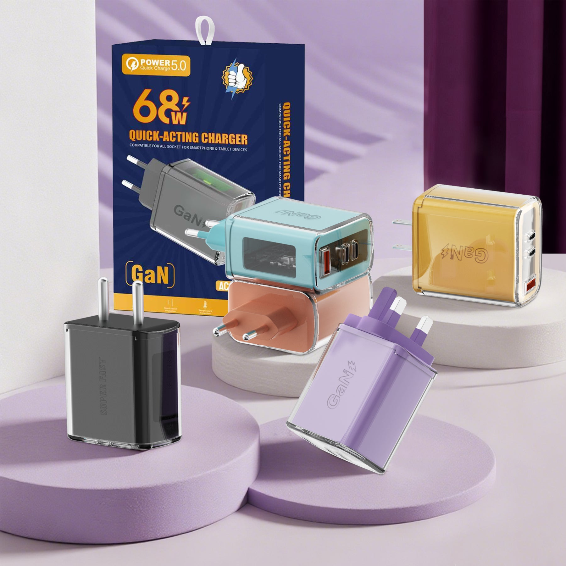 Window View — A+CC Triple-port Charger, available with EU, US, and UK plug options. It supports super fast charging, is a full-voltage charger, and features three different charging ports as well as a unique appearance.
