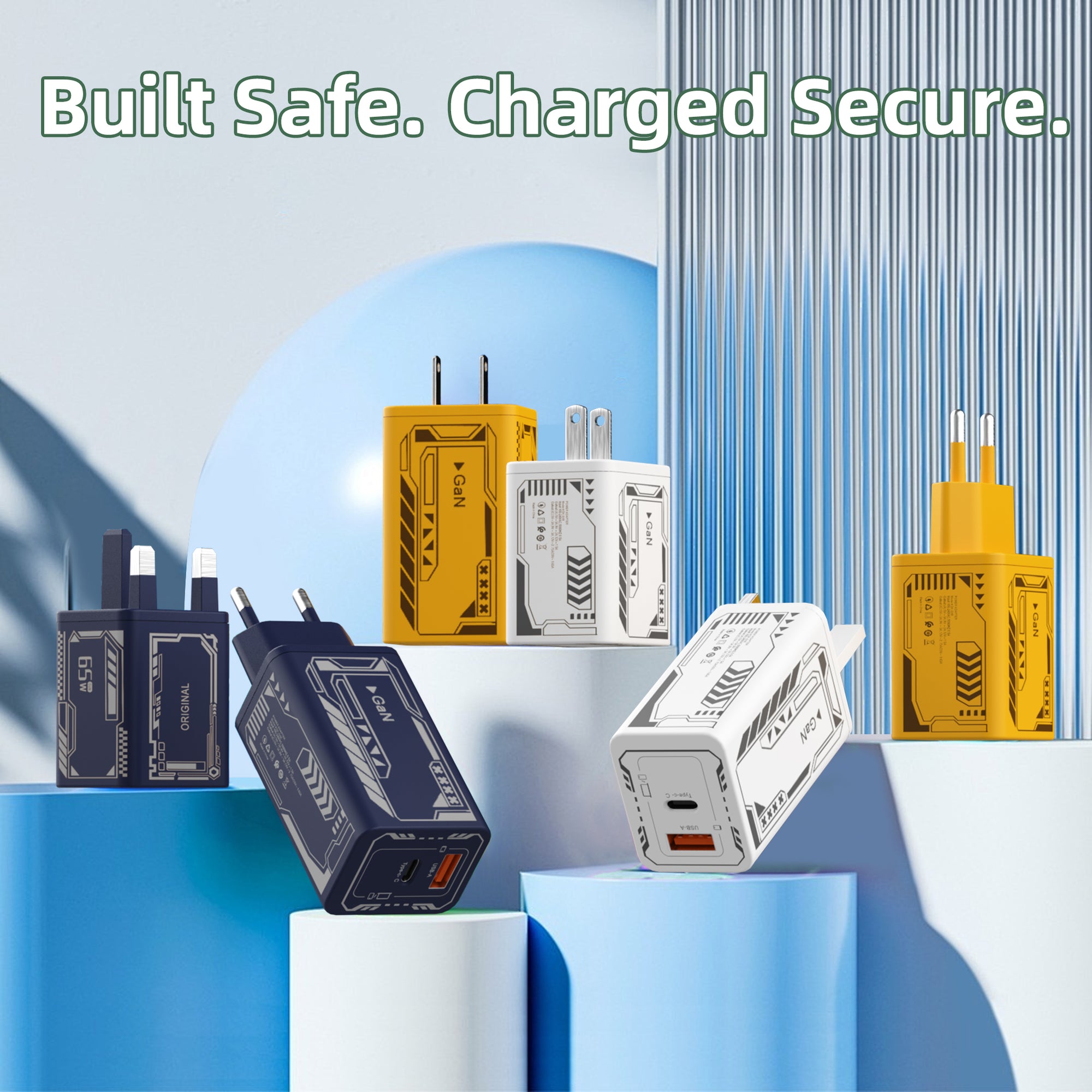 X120 Mecha-style — A+C Dual-port Charger, available with EU, US, and UK plug options. It supports super fast charging, is a full-voltage charger, and features two different charging ports as well as a unique appearance.