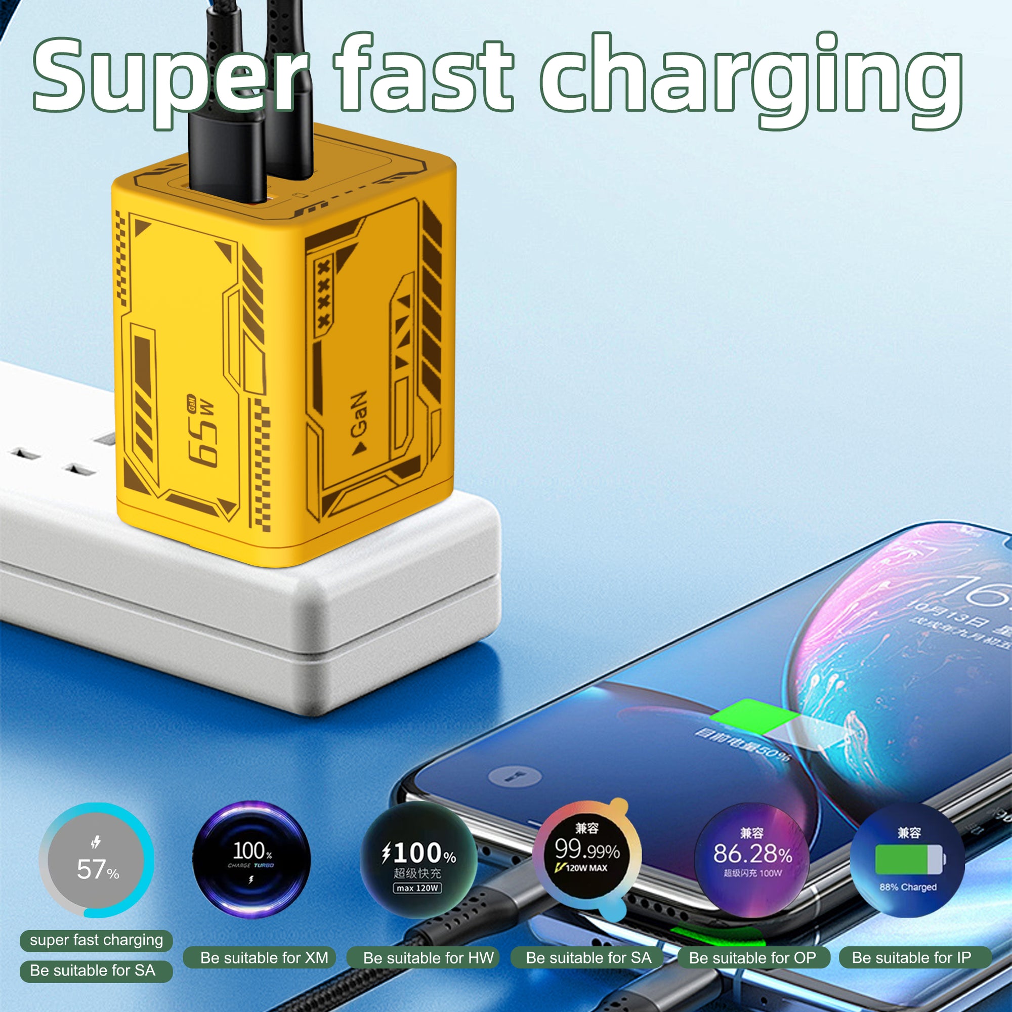X120 Mecha-style — A+C Dual-port Charger, available with EU, US, and UK plug options. It supports super fast charging, is a full-voltage charger, and features two different charging ports as well as a unique appearance.