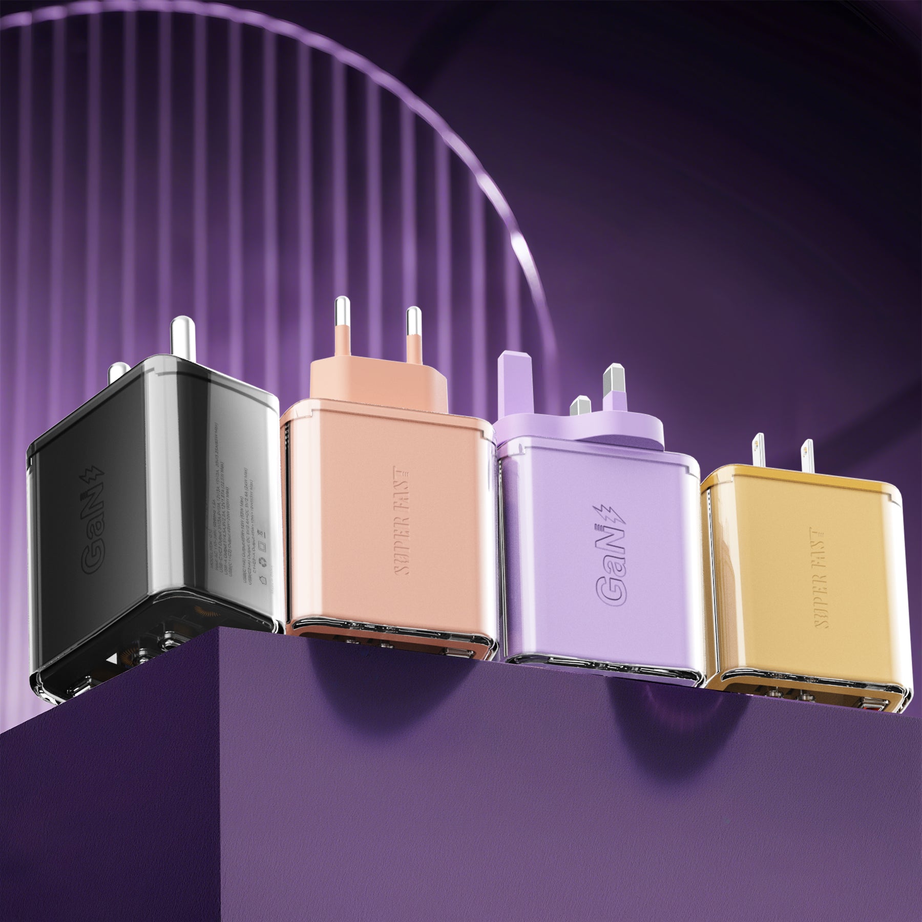 Window View — A+CC Triple-port Charger, available with EU, US, and UK plug options. It supports super fast charging, is a full-voltage charger, and features three different charging ports as well as a unique appearance.