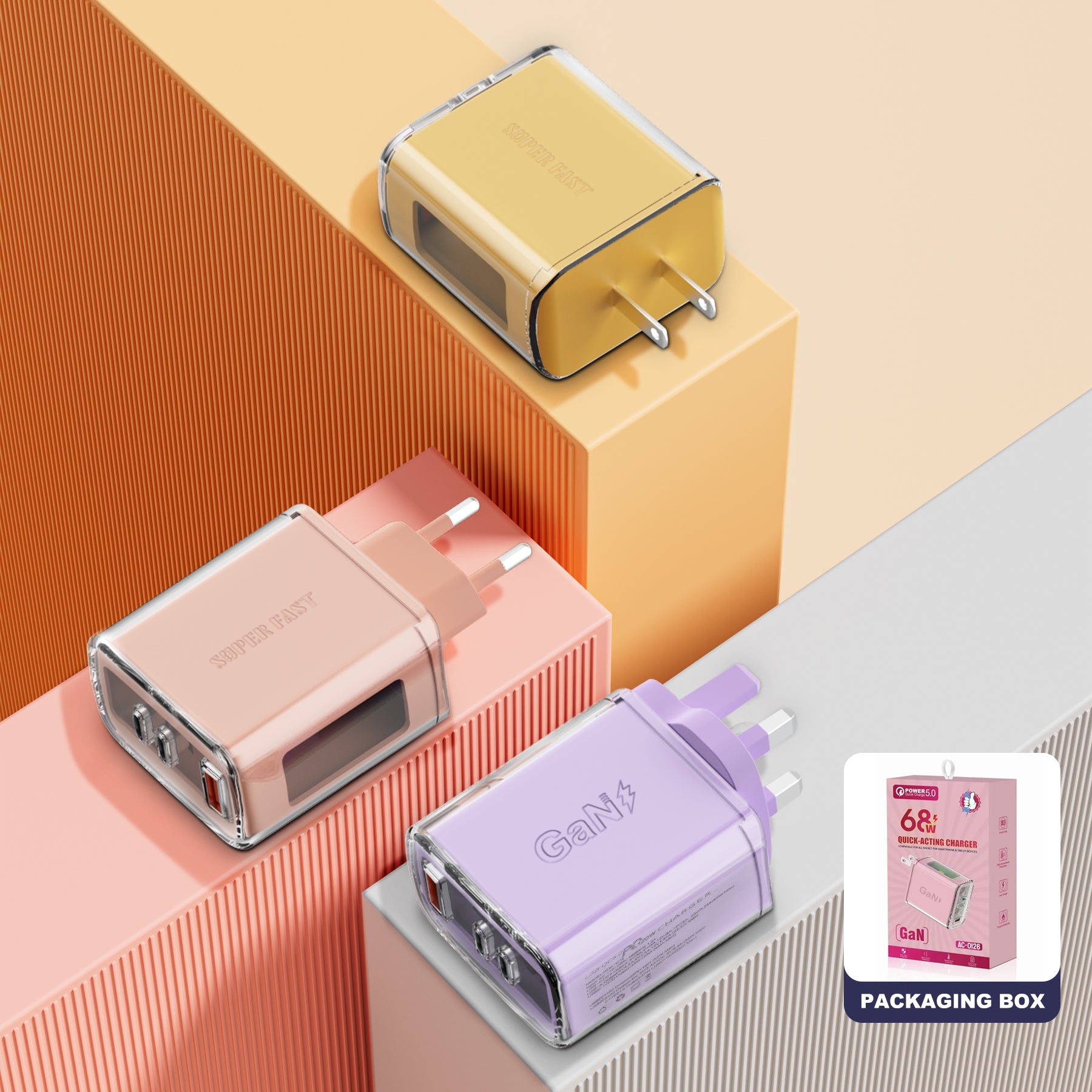 Window View — A+CC Triple-port Charger, available with EU, US, and UK plug options. It supports super fast charging, is a full-voltage charger, and features three different charging ports as well as a unique appearance.