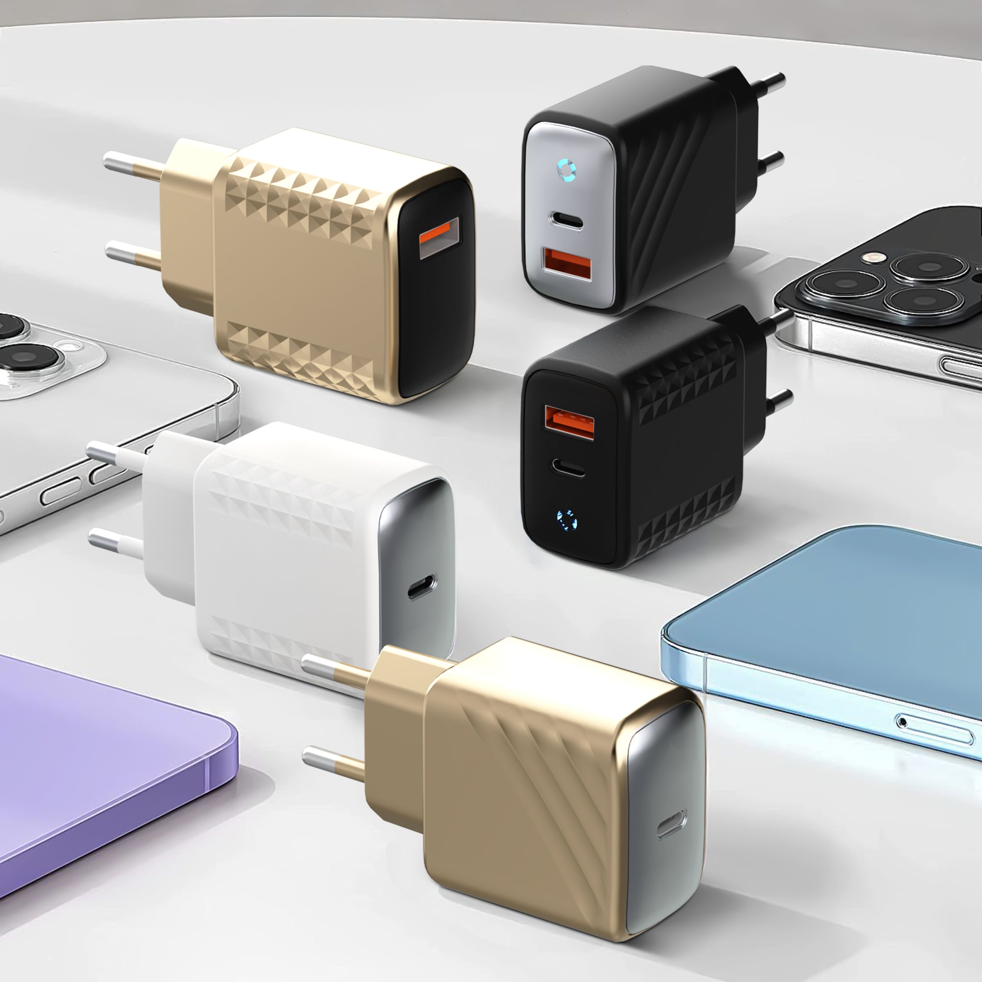 Diamond/Wave — A+C Dual-port Charger, available with EU, US, and UK plug options. It supports super fast charging, is a full-voltage charger, and features multiple optional port combinations as well as a unique appearance.