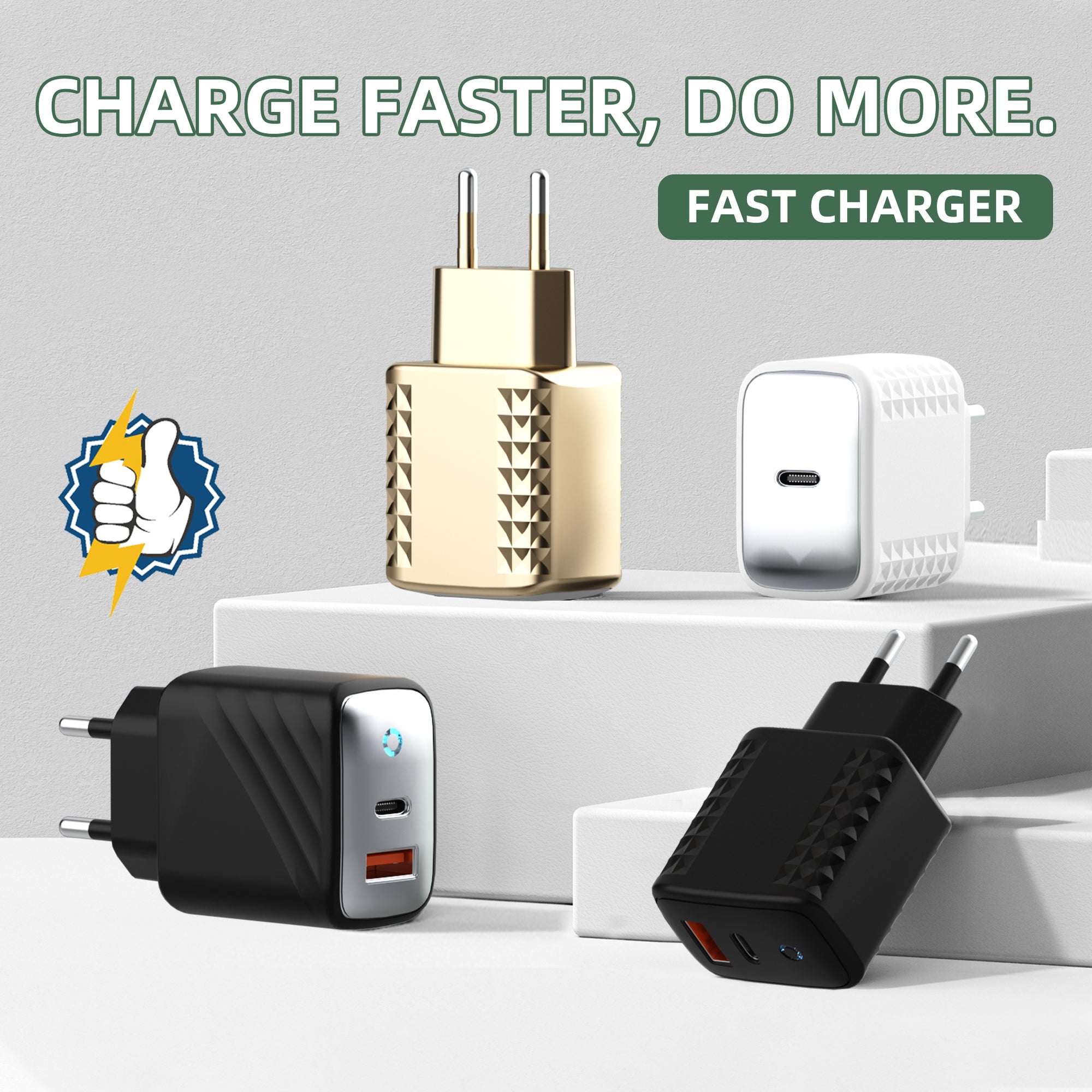 Diamond/Wave — A+C Dual-port Charger, available with EU, US, and UK plug options. It supports super fast charging, is a full-voltage charger, and features multiple optional port combinations as well as a unique appearance.