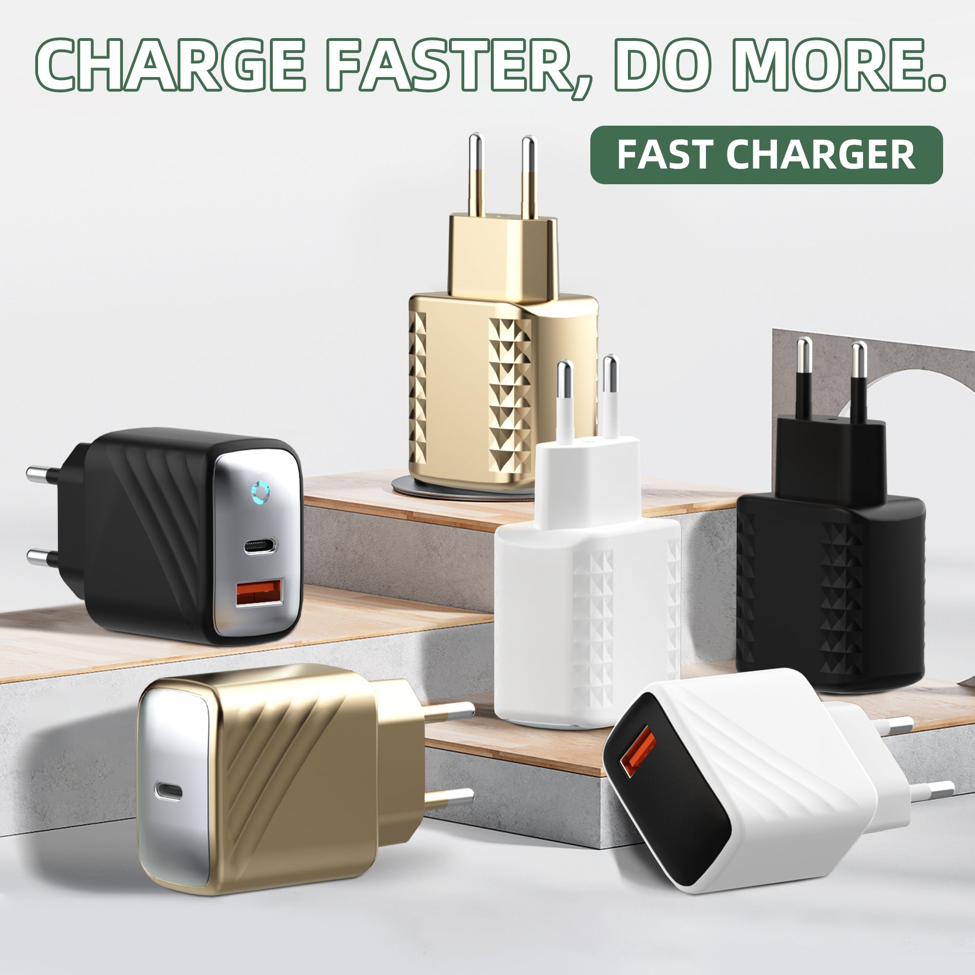 Diamond/Wave — A+C Dual-port Charger, available with EU, US, and UK plug options. It supports super fast charging, is a full-voltage charger, and features multiple optional port combinations as well as a unique appearance.