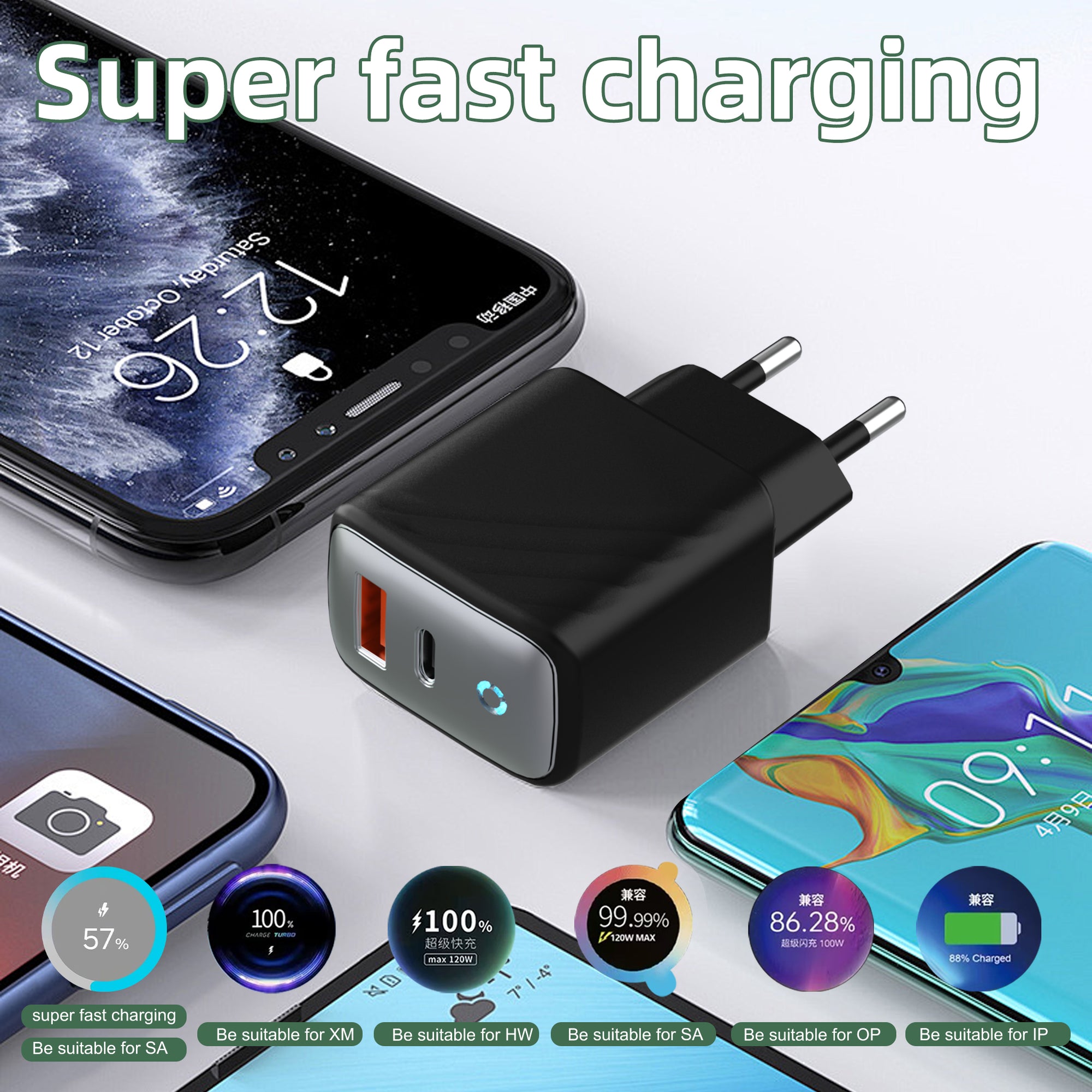 Diamond/Wave — A+C Dual-port Charger, available with EU, US, and UK plug options. It supports super fast charging, is a full-voltage charger, and features multiple optional port combinations as well as a unique appearance.