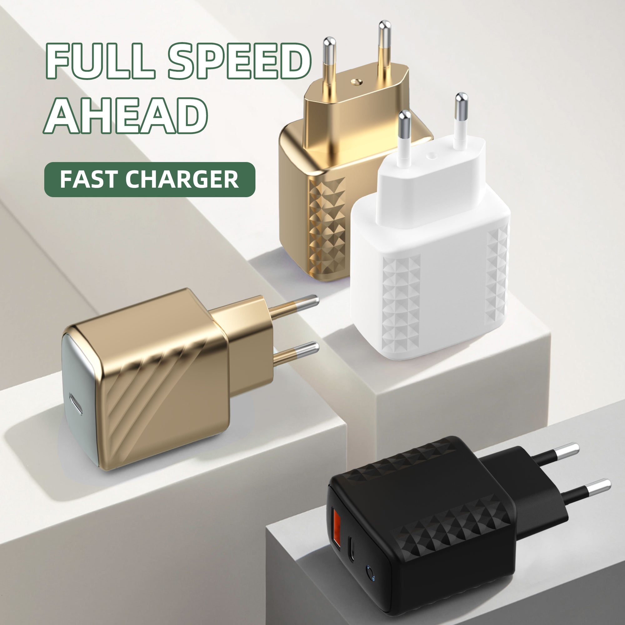 Diamond/Wave — A+C Dual-port Charger, available with EU, US, and UK plug options. It supports super fast charging, is a full-voltage charger, and features multiple optional port combinations as well as a unique appearance.