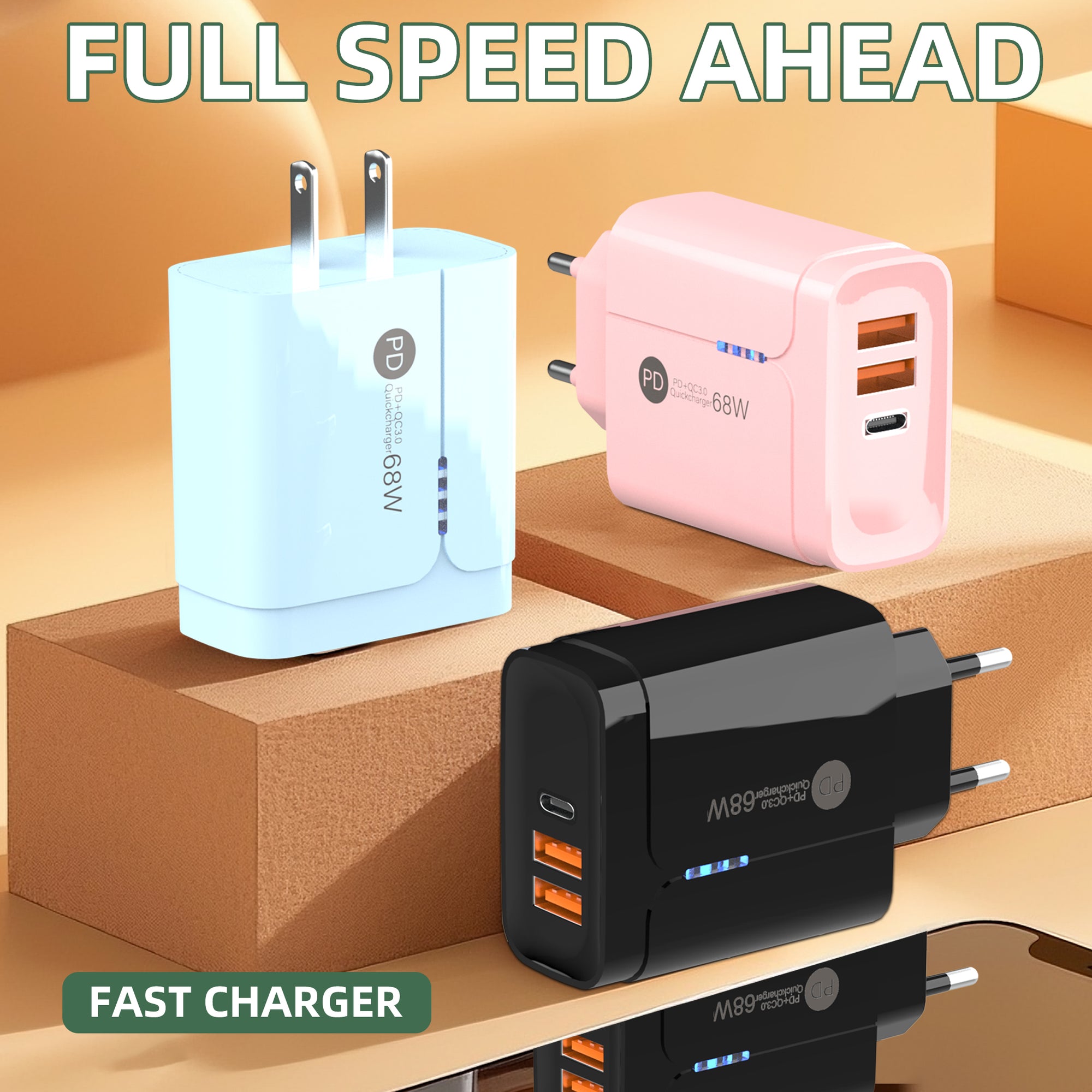 Gentleman — A+A+C Triple-port Charger, available with EU, US, and UK plug options. It supports super fast charging, is a full-voltage charger, and features three different charging ports as well as a unique appearance.