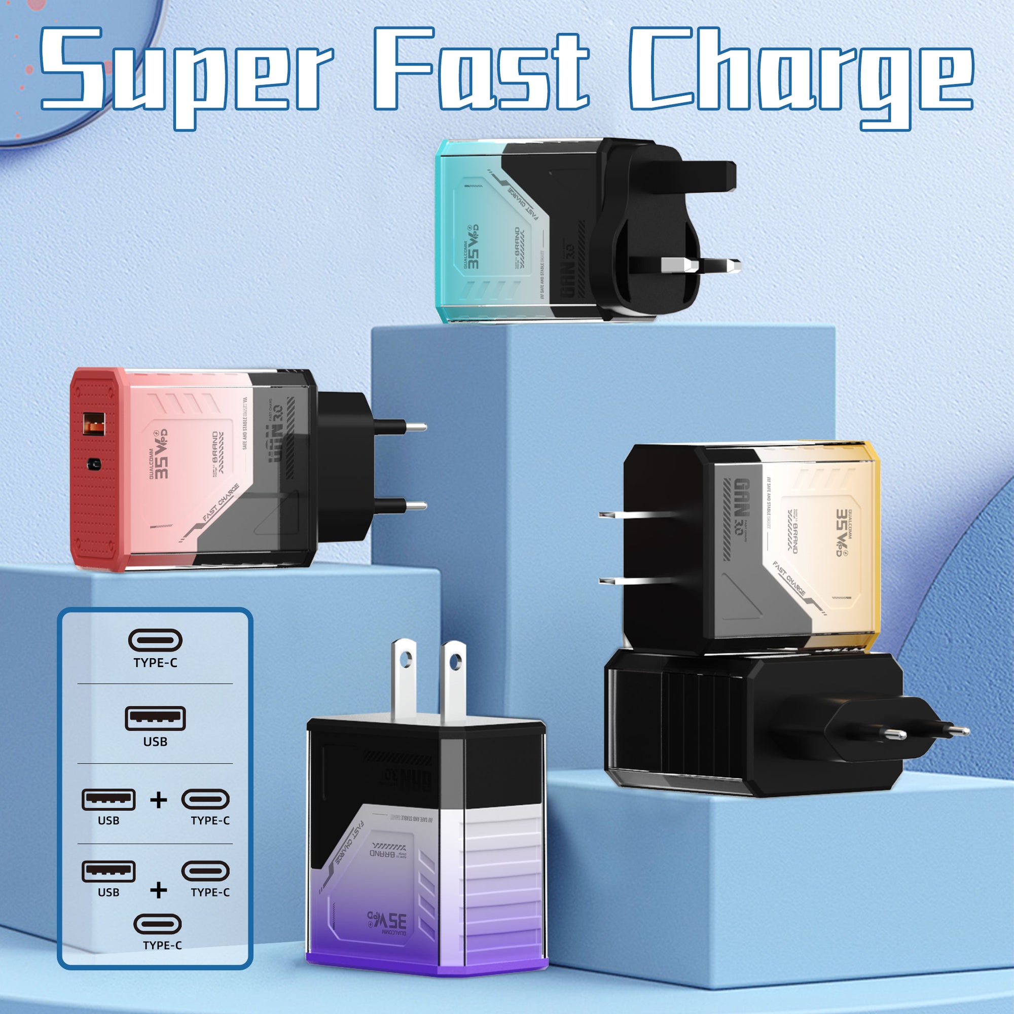 Battle Armor — A+C Dual-port Charger, available with EU, US, and UK plug options. It supports super fast charging, is a full-voltage charger, and features two different charging ports as well as a unique appearance.