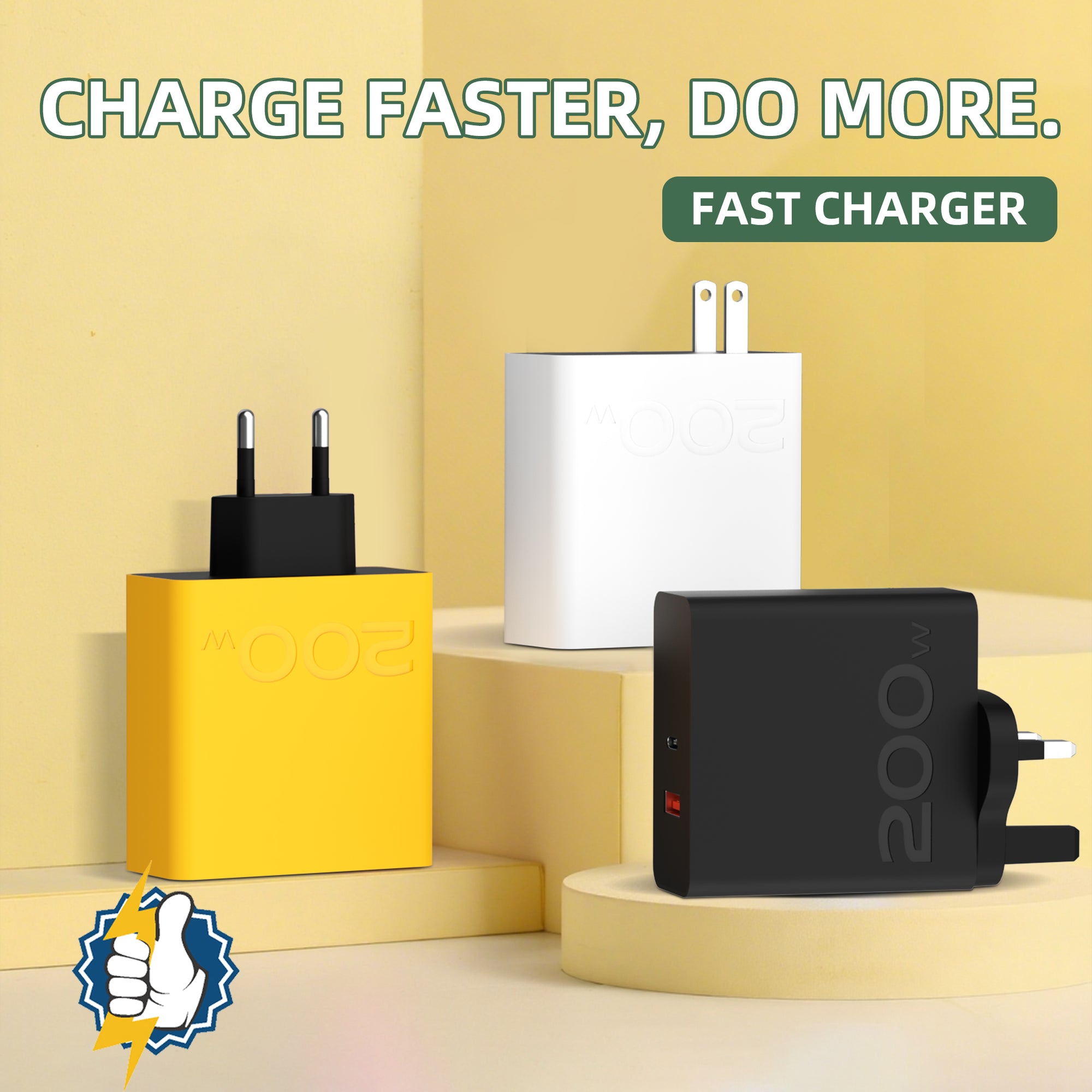 200W —— A+C Multi-port Charger, available with EU, US, and UK plug options. It supports super fast charging, is a full-voltage charger, and features selectable multiple port combinations as well as a unique appearance.