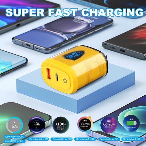 38W Shield/Diamond/Circle — A+C Dual-port Charger, available with EU, US, and UK plug options. It supports super fast charging, is a full-voltage charger, and features two different charging ports as well as a unique appearance.