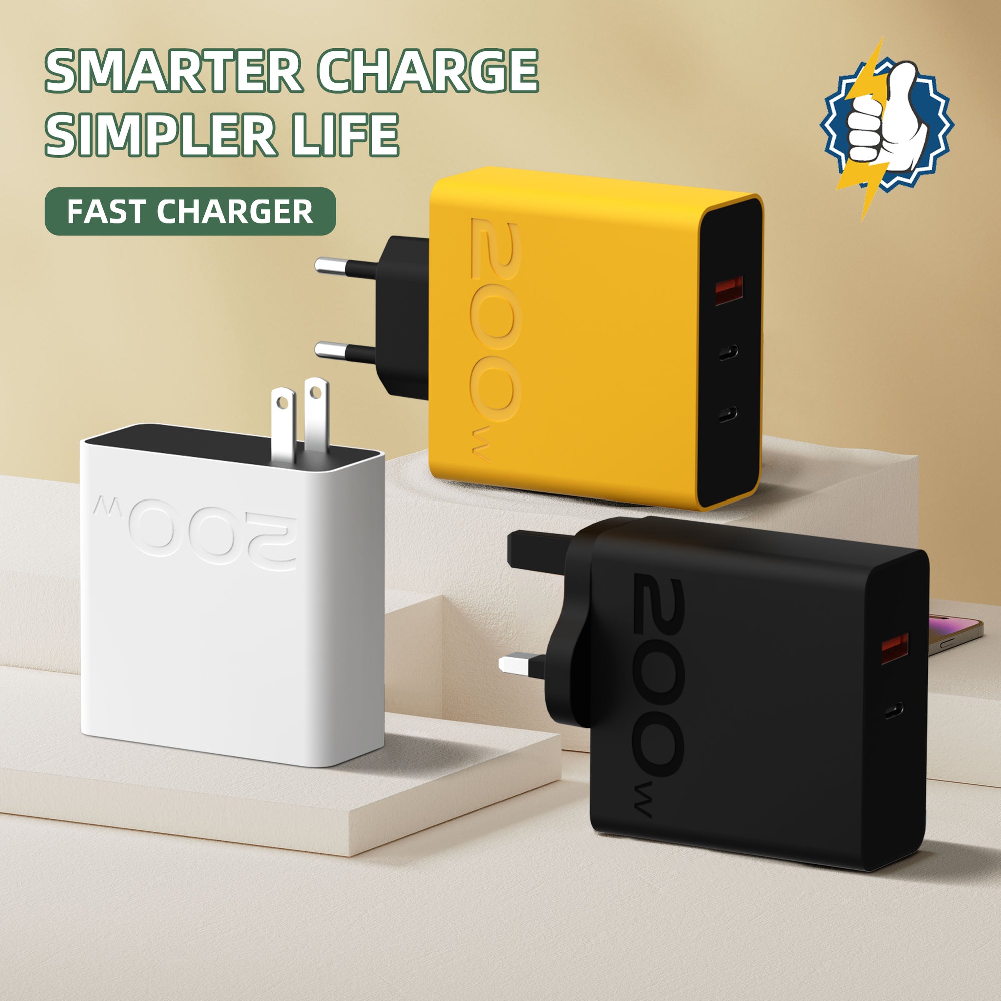 200W —— A+C Multi-port Charger, available with EU, US, and UK plug options. It supports super fast charging, is a full-voltage charger, and features selectable multiple port combinations as well as a unique appearance.