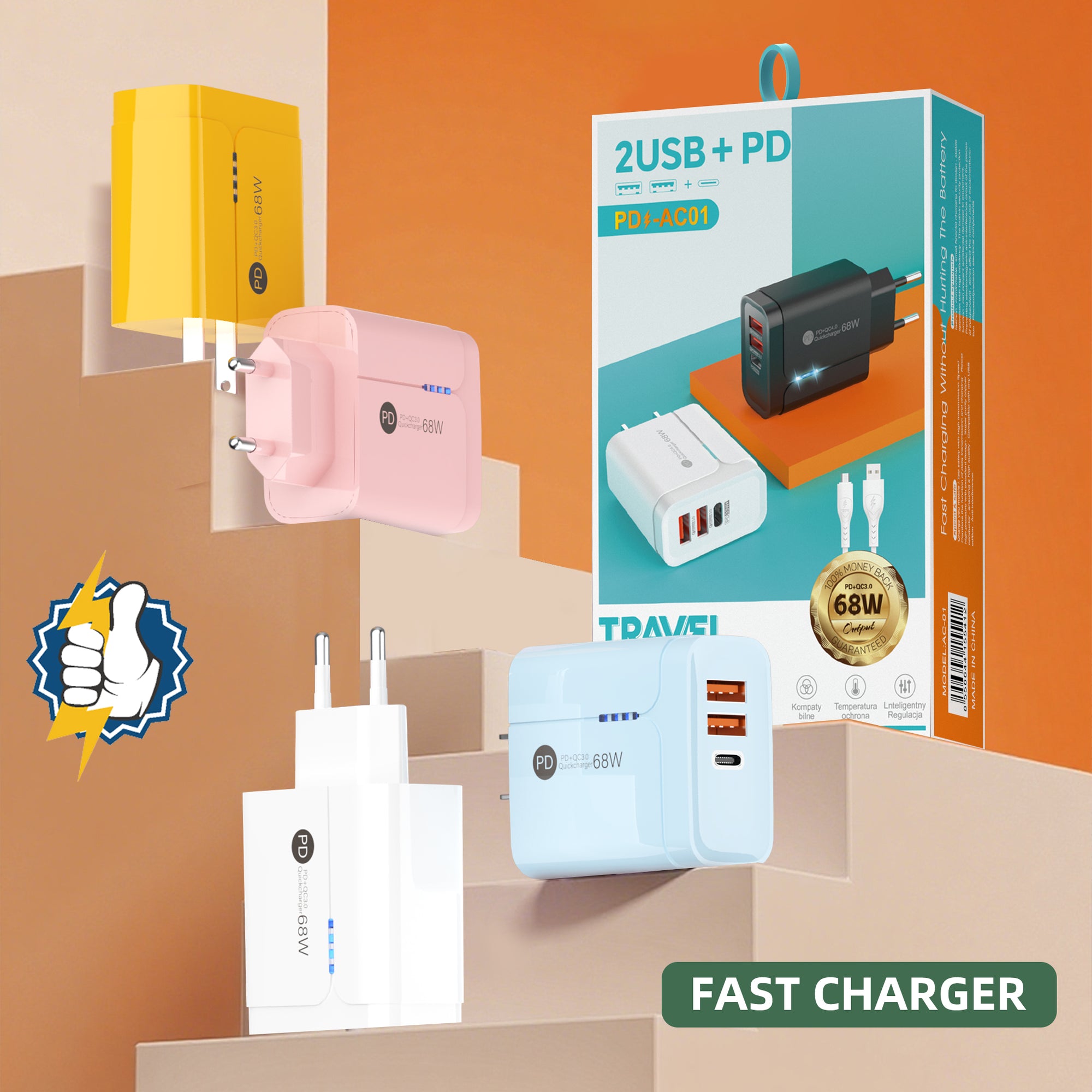 Gentleman — A+A+C Triple-port Charger, available with EU, US, and UK plug options. It supports super fast charging, is a full-voltage charger, and features three different charging ports as well as a unique appearance.