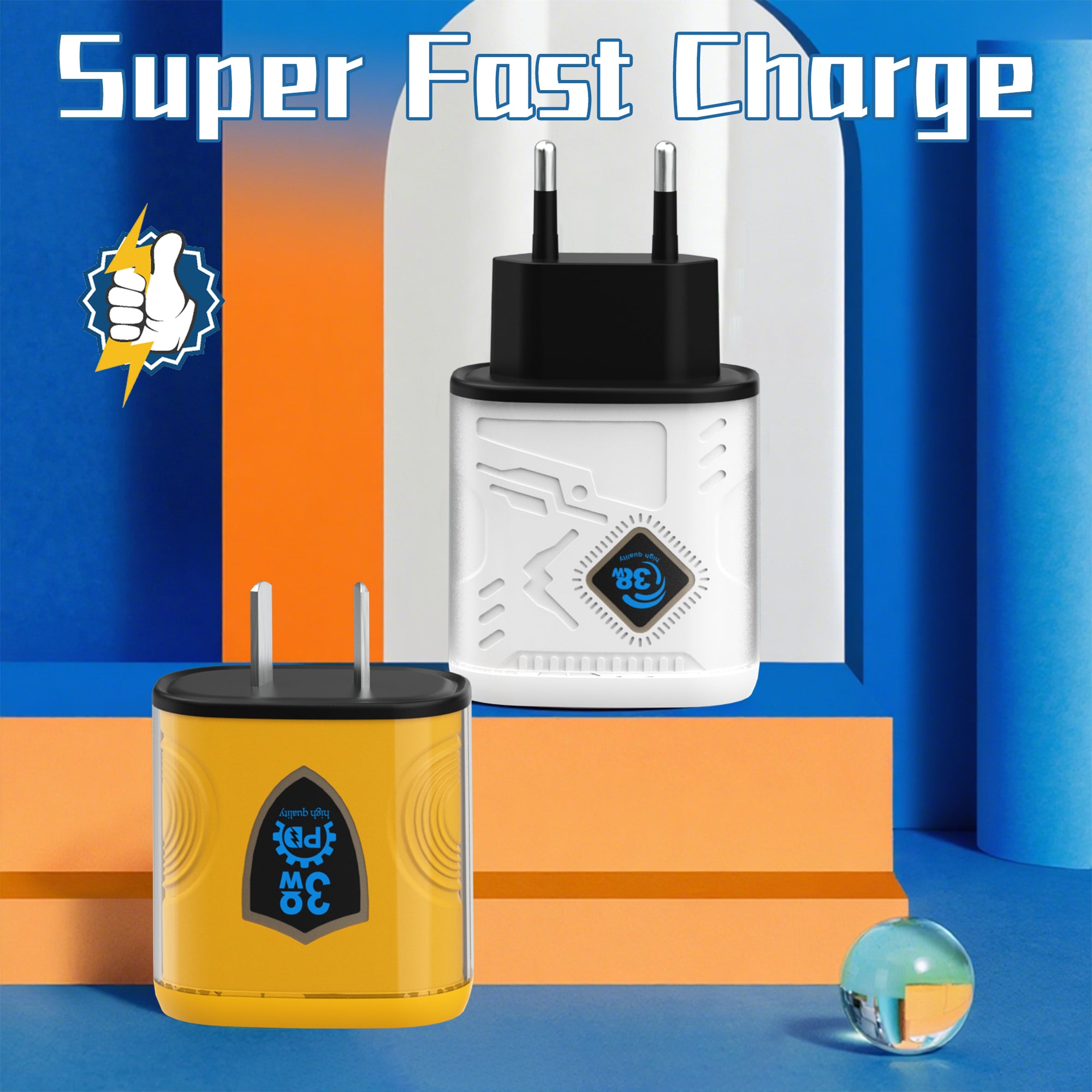 38W Shield/Diamond/Circle — A+C Dual-port Charger, available with EU, US, and UK plug options. It supports super fast charging, is a full-voltage charger, and features two different charging ports as well as a unique appearance.