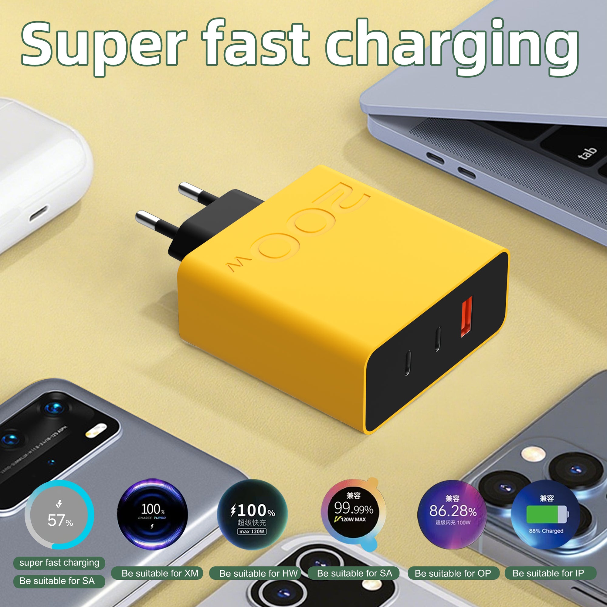200W —— A+C Multi-port Charger, available with EU, US, and UK plug options. It supports super fast charging, is a full-voltage charger, and features selectable multiple port combinations as well as a unique appearance.