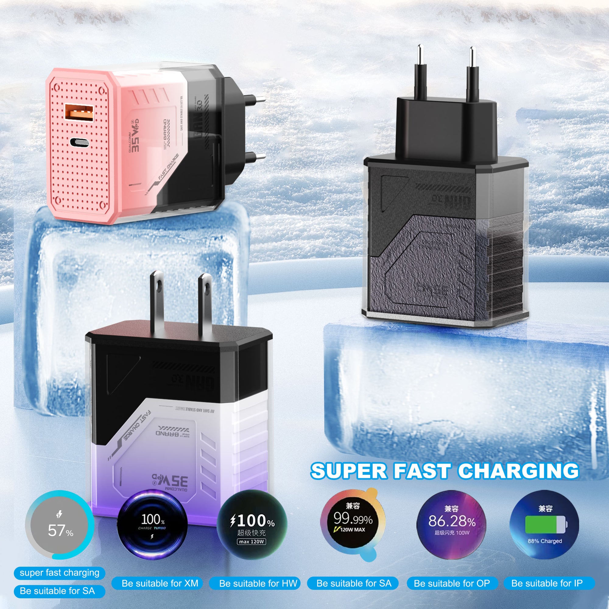 Battle Armor — A+C Dual-port Charger, available with EU, US, and UK plug options. It supports super fast charging, is a full-voltage charger, and features two different charging ports as well as a unique appearance.