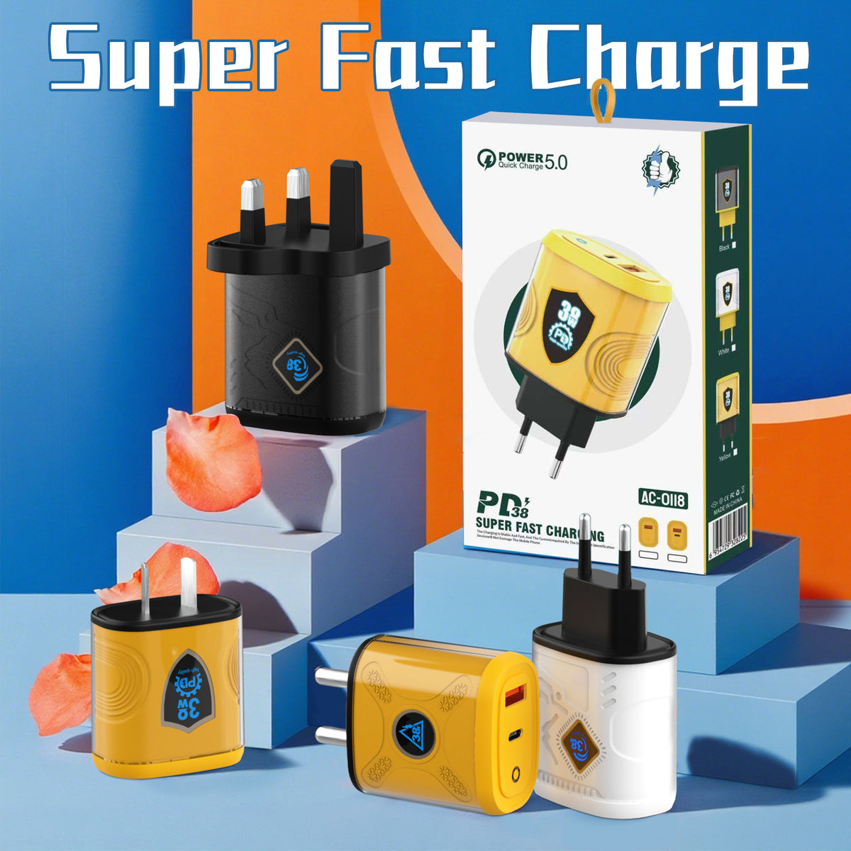 38W Shield/Diamond/Circle — A+C Dual-port Charger, available with EU, US, and UK plug options. It supports super fast charging, is a full-voltage charger, and features two different charging ports as well as a unique appearance.