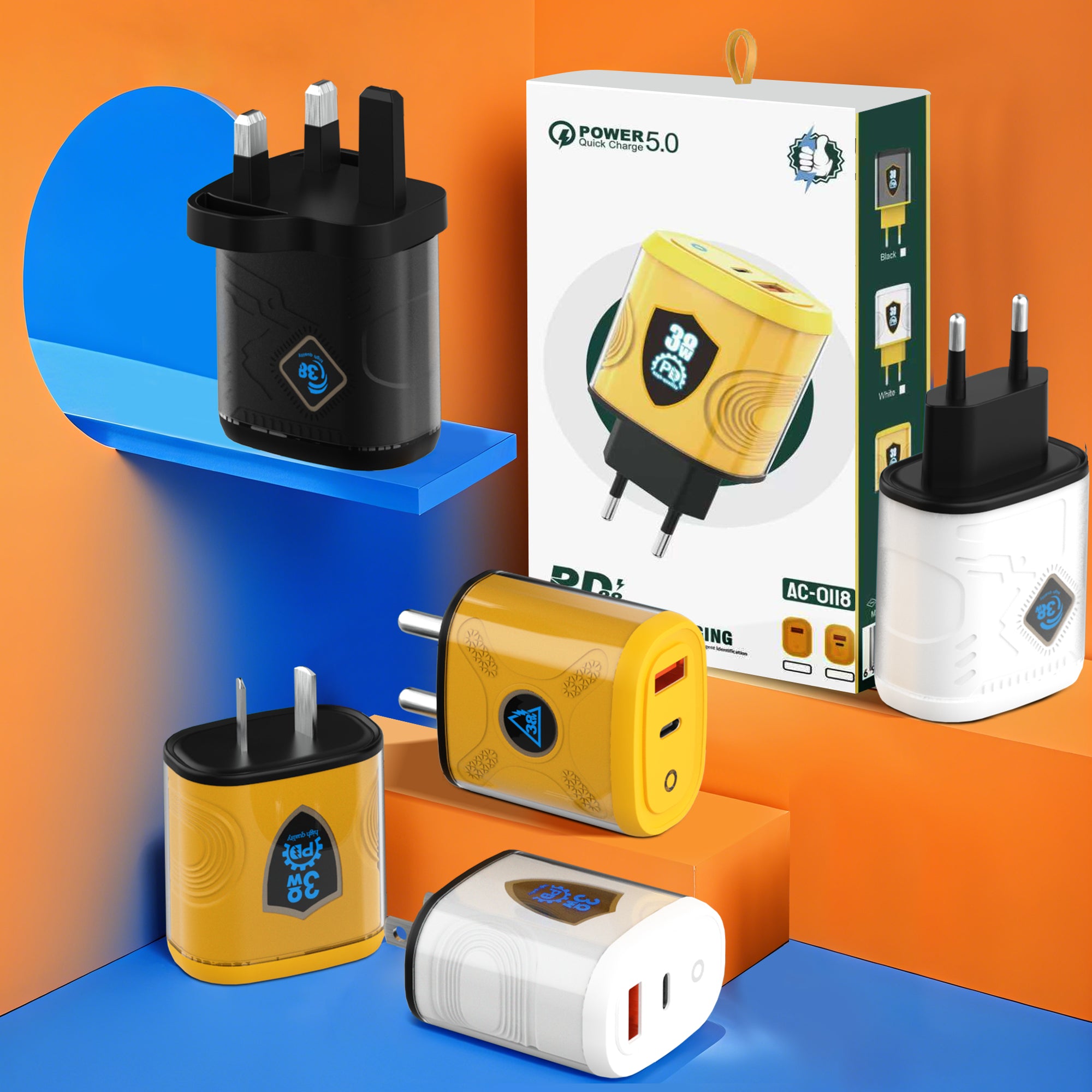 38W Shield/Diamond/Circle — A+C Dual-port Charger, available with EU, US, and UK plug options. It supports super fast charging, is a full-voltage charger, and features two different charging ports as well as a unique appearance.