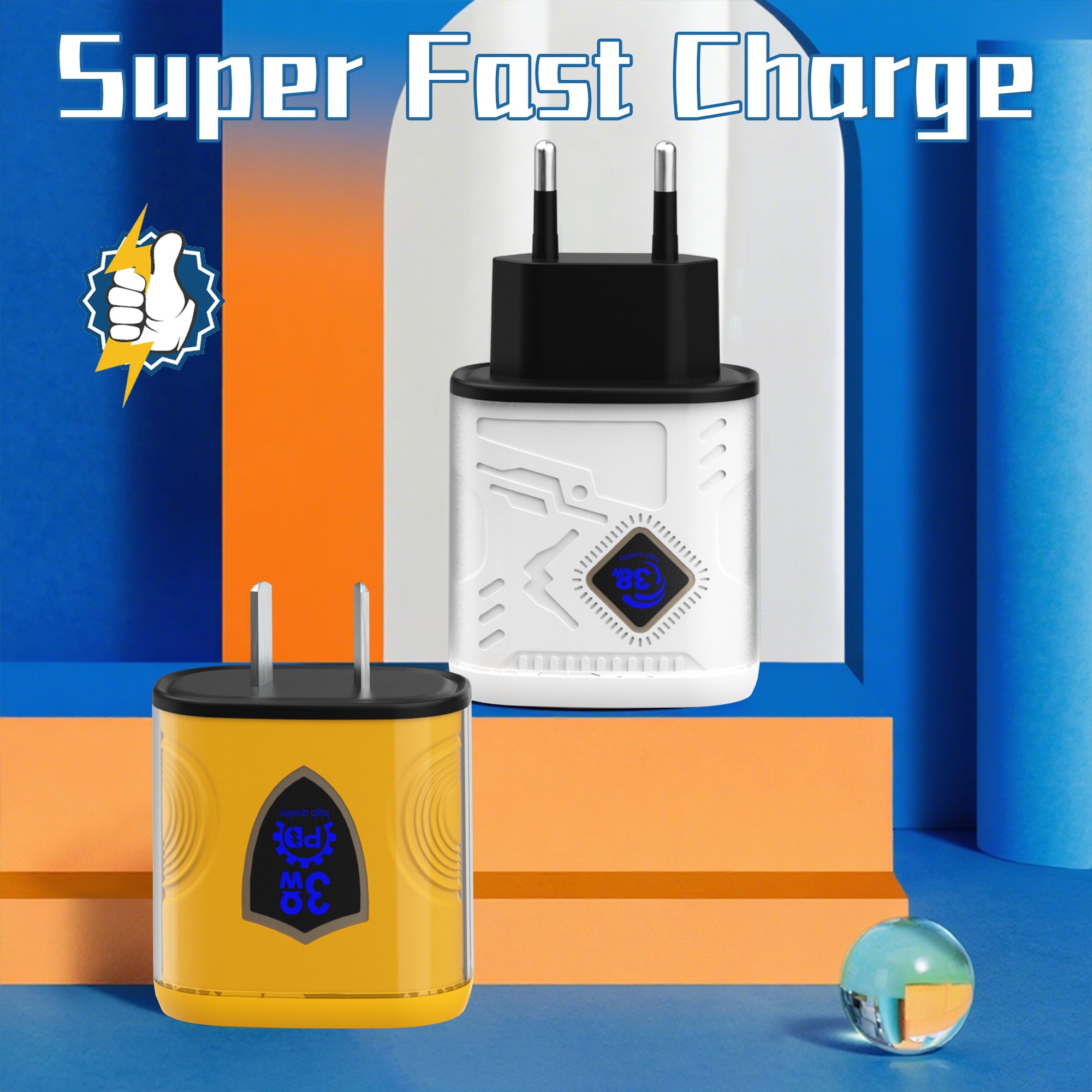 38W Shield/Diamond/Circle — A+C Dual-port Charger, available with EU, US, and UK plug options. It supports super fast charging, is a full-voltage charger, and features two different charging ports as well as a unique appearance.